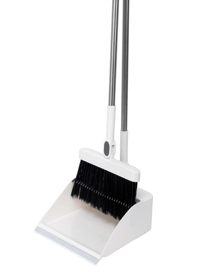 TRADY Broom and Dustpan Set with Long Handle, Light Weight Stainless Steel Poles Stand Upright Dustpans with Broom Combo for Home Kitchen Office Pet Dog Hair, [ Off White ] - Image 1